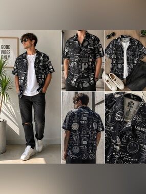 Smiley World Graphic Button Up Shirt Mens XL Black White Streetwear Festival